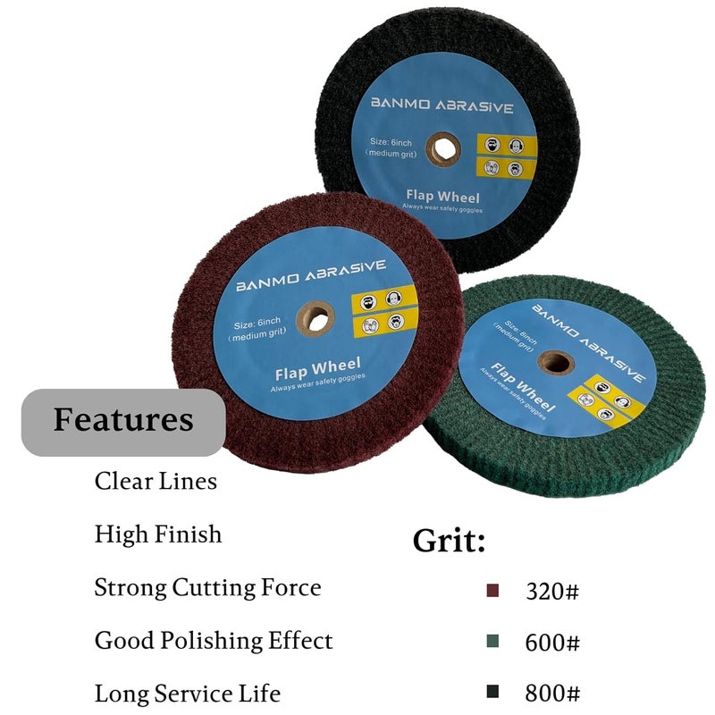 Banmo Abrasive 6 Inch Bench Grinder Polishing Wheel 320/600/800 Grit, 3PCS Tight Weave Tough Polishing Burnishing Wheels 0.5" Thickness for 0.5" Arbor, Great for Refurbishing Golf Clubs Metal Copper - Image 4